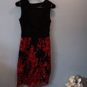 Sangria dress with red floral beaded overlay skirt